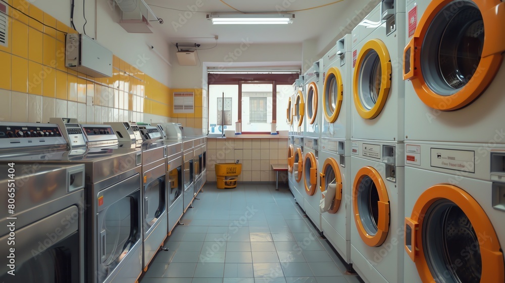 Obraz premium Laundry with a row of clean and modern washing machines