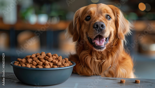 A happy golden retriever dog with its head tilted and mouth open  sitting next to bowl of dry food on the floor. Created with Ai