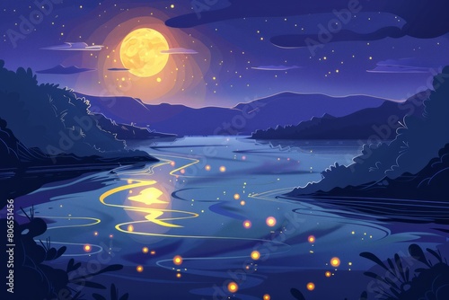 Cartoon cute doodles of shadow world rivers with sparkling waters that reflect the moon's glow, flowing silently through the night, Generative AI photo
