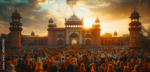 A massive gathering at an iconic Indian architectural site, bathed in golden light, celebrating a significant cultural or national event. photo