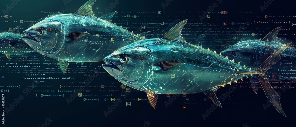A school of tuna illustrated with streams of binary data flowing around them representing highspeed data processing in operations A school of tuna illustrated with streams of binary data flowing around them representing highspeed data processing in operations