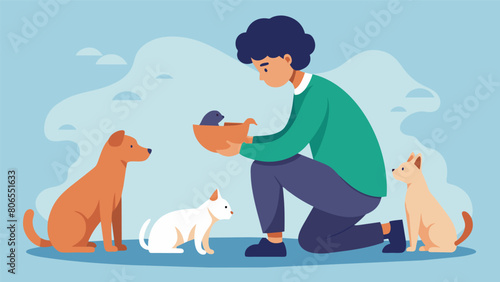 An image of a person feeding and taking care of stray animals with the caption reading Compassion knows no boundaries..