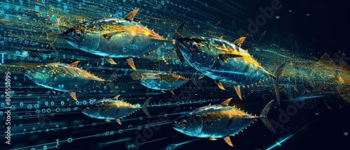 A school of tuna illustrated with streams of binary data flowing around them representing highspeed data processing in operations