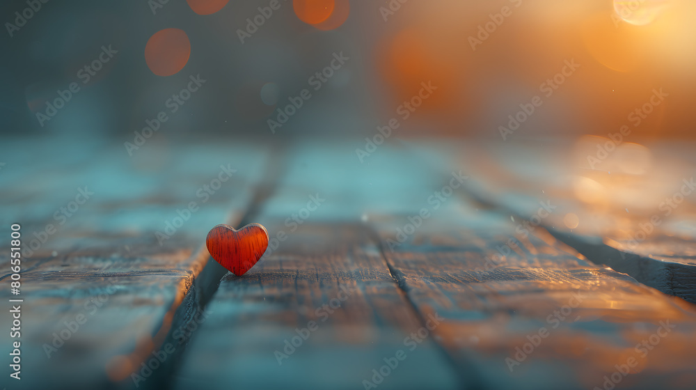 Solitary Red Heart on Weathered Wooden Boards with Bokeh Lights Solitary Red Heart on Weathered Wooden Boards with Bokeh Lights
