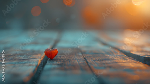 Solitary Red Heart on Weathered Wooden Boards with Bokeh Lights