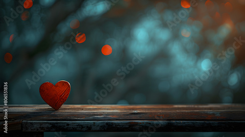 Solitary Red Heart on Weathered Wooden Boards with Bokeh Lights