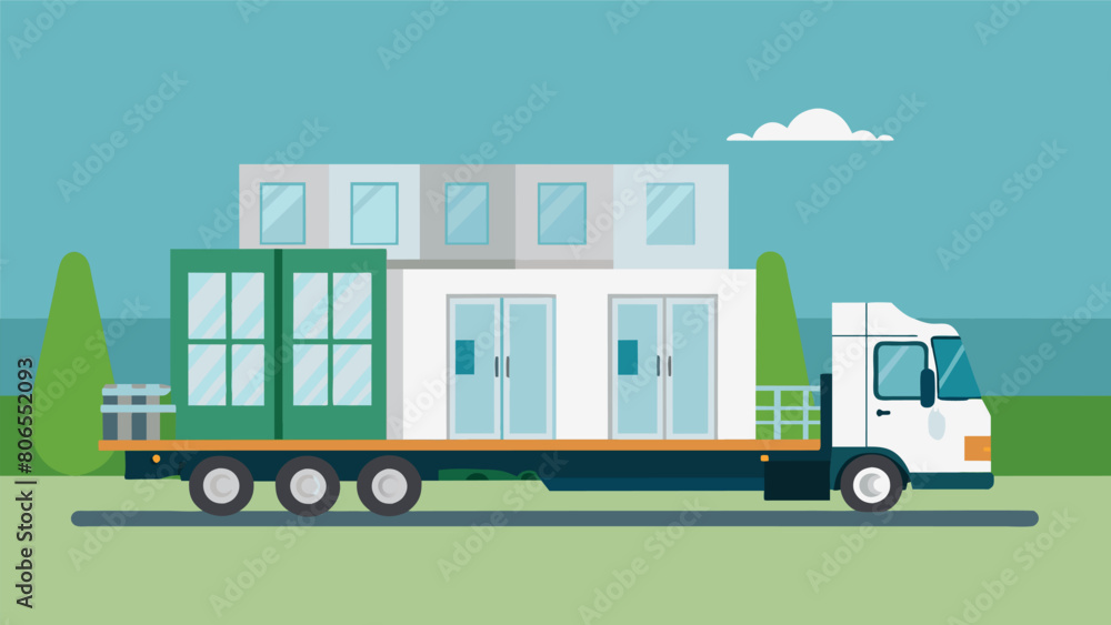 The flatbed of the truck is filled with premade modular units each one housing the buildings electrical and plumbing systems.. Vector illustration