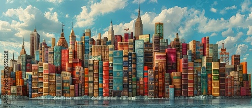 A panoramic digital artwork showing a mindscape of a city built on the pages of books representing the building of knowledge and the urbanization of thoughts