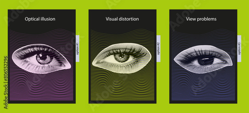 Optical illusion, vision distortion, identifying problems, poster. Contemporary collage art, visual distortion concept, visual impairment. Female eye with wavy abstract shapes. Vector, halftone style.