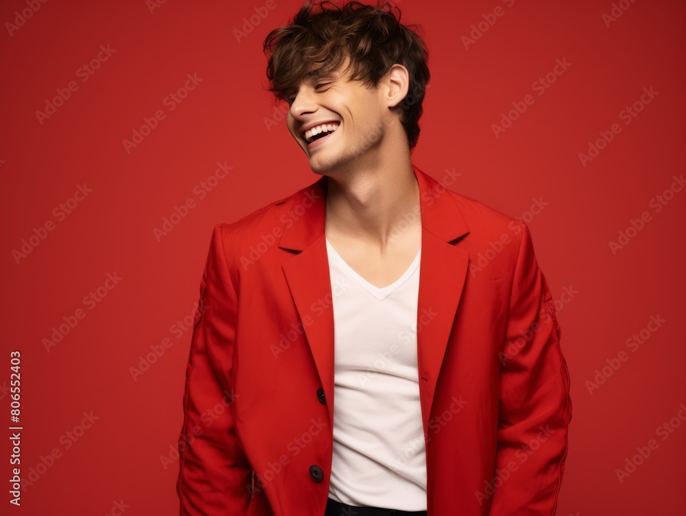 A man in a red jacket and white shirt is smiling A man in a red jacket and white shirt is smiling