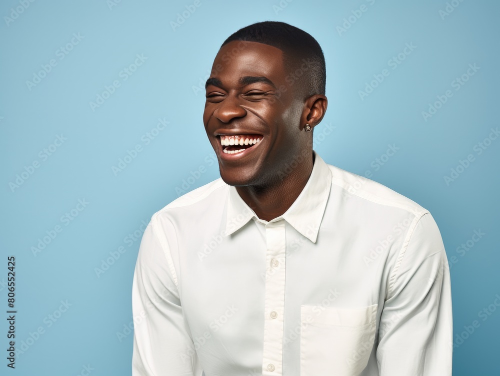 A smiling man in a white shirt is sitting on a blue background A smiling man in a white shirt is sitting on a blue background