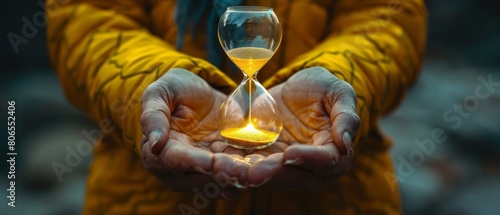A pair of hands holding a small delicate hourglass representing the philosophical exploration of time and mortality © Seksan