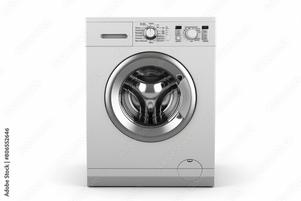 Washing Machine Isolated on White Background. Household Domestic Major Appliance. Home Innovation. Front View of Stainless Steel Modern Front Load Washer with Electronic Control Panel 