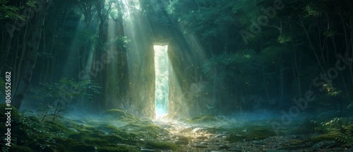 A mystical doorway made of light in a dark forest representing a portal to another dimension filled with magical elements