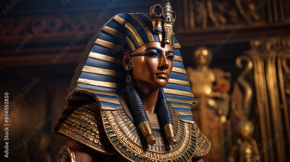 Fototapeta premium Close-up portrait of an Egyptian pharaoh in royal attire and his entourage. Ancient Egypt concept. Ai-generated.