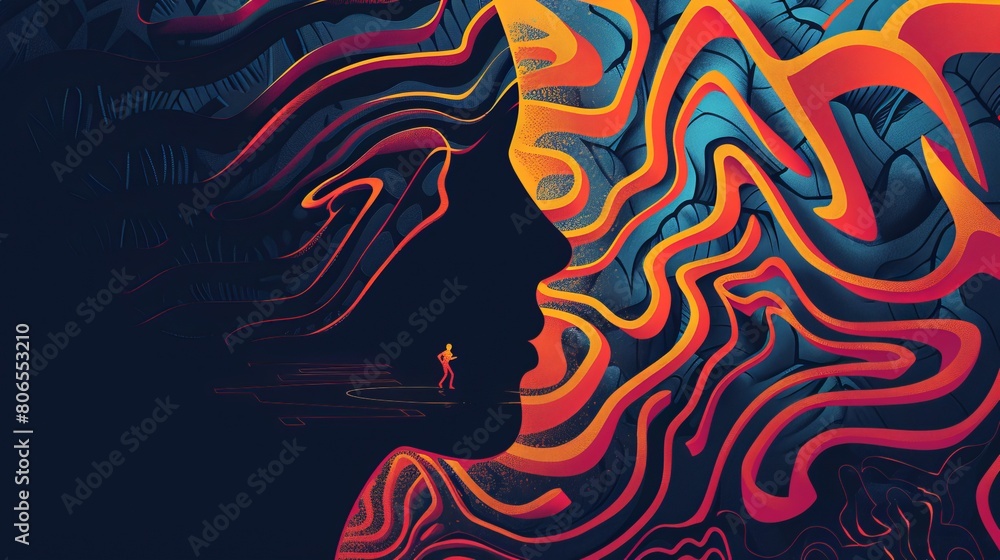 A graphic design of a labyrinth inside a human profile with a tiny figure navigating the maze symbolizing the complex journey of selfdiscovery A graphic design of a labyrinth inside a human profile with a tiny figure navigating the maze symbolizing the complex journey of selfdiscovery