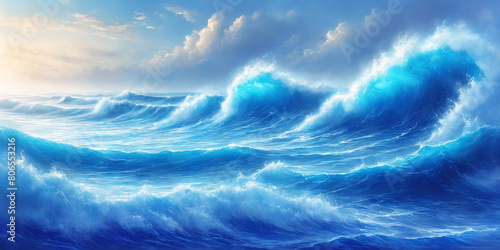 A mesmerizing painting depicting the ocean's waves embracing the moody canvas of the sky