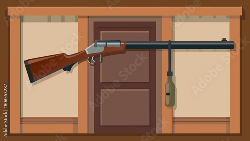 A rusted and dented doublebarrel shotgun a symbol of the old west and early hunting culture hanging above the door as a unique piece of decor.. Vector illustration