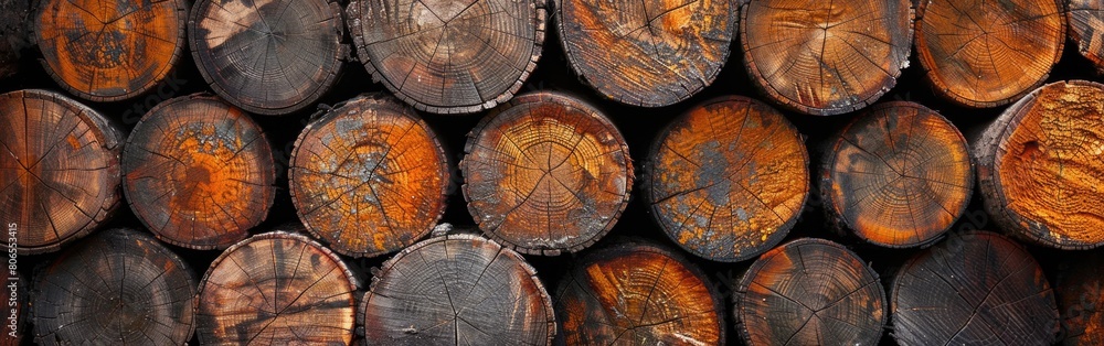 A pile of wooden logs stacked on top of each other against a neutral background A pile of wooden logs stacked on top of each other against a neutral background