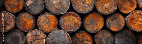 A pile of wooden logs stacked on top of each other against a neutral background