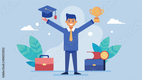 An image of a student holding a diploma and a briefcase with the diploma representing academic success and the briefcase representing the burden of. Vector illustration