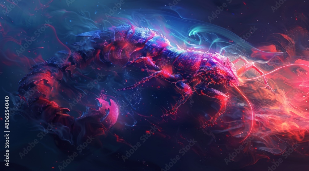 Obraz premium Scorpio zodiac sign, colorful smoke swirls around the it's head, red eyes glow in the dark background