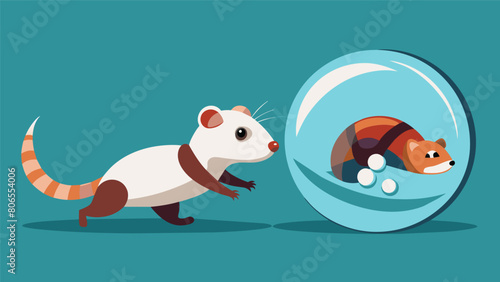A hyperactive ferret chasing a robotic rodent inside a smart toy hamster ball using its nose to guide the direction.. Vector illustration