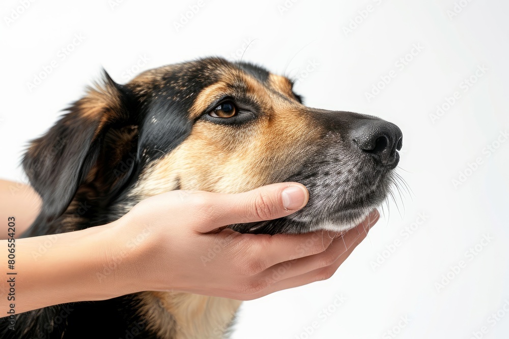 woman's hand stroking a dog on Isolated white background photo on white isolated background photo on white isolated background