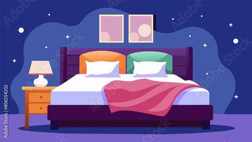 The bed is neatly made with smooth blankets and fluffy pillows inviting a peaceful nights rest..