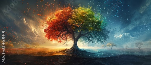 A fantastical portrayal of a tree with its four quarters showing the different seasonal changes each quarter drastically distinct yet part of a whole photo