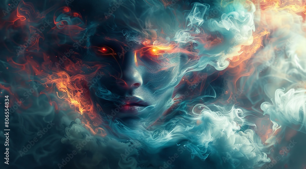 Fototapeta premium colorful smoke swirls around human head, red eyes glow in the dark background