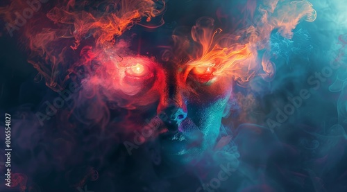 colorful smoke swirls around human head  red eyes glow in the dark background