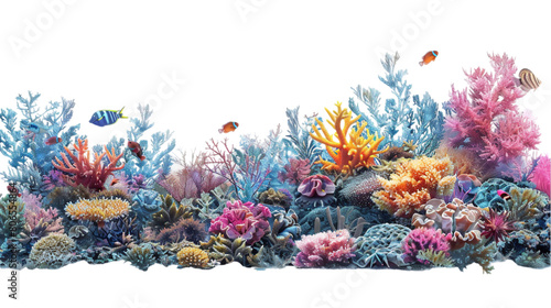 A close view of tropical coral reeves with sea fish isolated on a plain background or PNG for poster or graphic use, Generative AI.