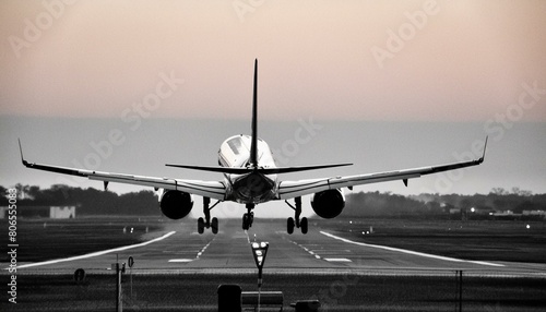 airplane landing at sunset, wallpaper A large jetliner taking off from an airport runway at sunset or dawn with the landing gear down and the landing gear down © Bilawl