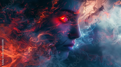 colorful smoke swirls around human head, glowing in the dark background