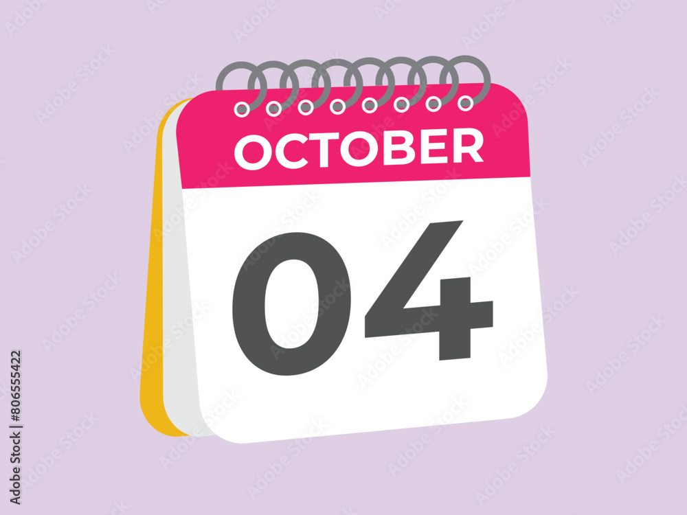 October 4 calendar reminder. 4 October daily calendar icon template. Calendar 4 October icon Design template. Vector illustration
October 4 calendar reminder. 4 October daily calendar icon template. Calendar 4 October icon Design template. Vector illustration