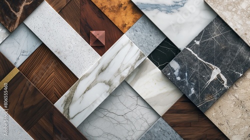 A pattern of geometric shapes, each filled with a different texture of marble, wood, and metal, arranged in a mosaic that blends the natural with the man-made in an elegant abstract background. 