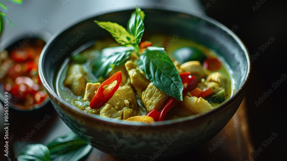 A luscious bowl of Thai green curry with aromatic spices, vegetables, and tender chicken A luscious bowl of Thai green curry with aromatic spices, vegetables, and tender chicken