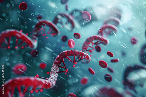 A colorful image of DNA strands and red blood cells. Concept of life and energy, as the DNA strands are depicted as vibrant and dynamic, while the red blood cells add a sense of vitality and movement