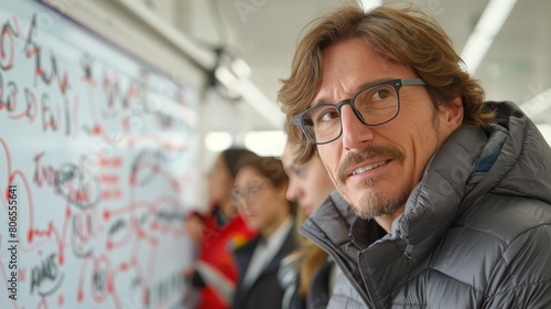 A man with glasses is looking at a white board with a lot of writing on it photo
