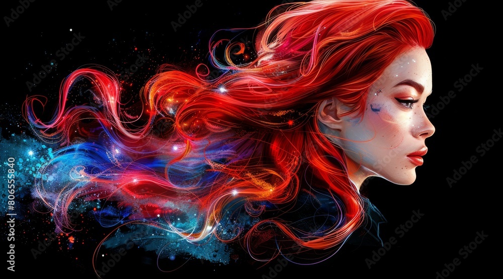 A woman with long red hair and blue eyes