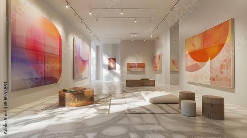 A contemporary conceptual art installation featuring abstract geometric shapes in a modern gallery space