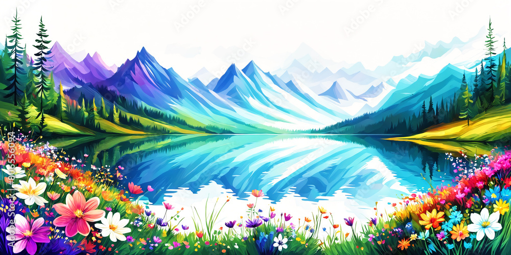 Fototapeta premium A beautiful colorful landscape featuring a large lake surrounded by mountains. The mountains in the background provide a stunning backdrop. The scene is vibrant and visually appealing.