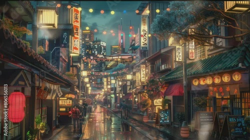 Animated a beautiful japanese city town in the evening, digital art, anime style photo
