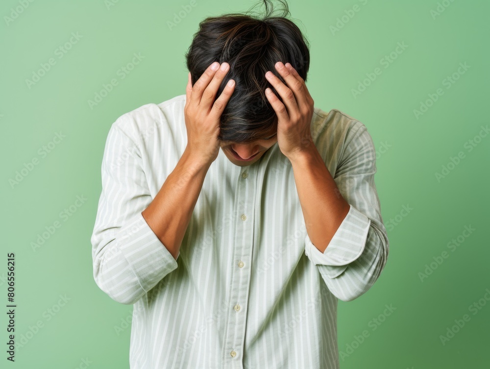 A man with his hands on his head in a striped shirt A man with his hands on his head in a striped shirt