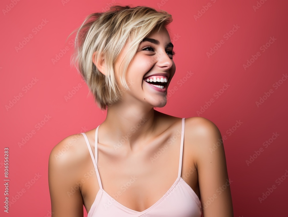 A woman with blonde hair and a pink tank top is smiling A woman with blonde hair and a pink tank top is smiling