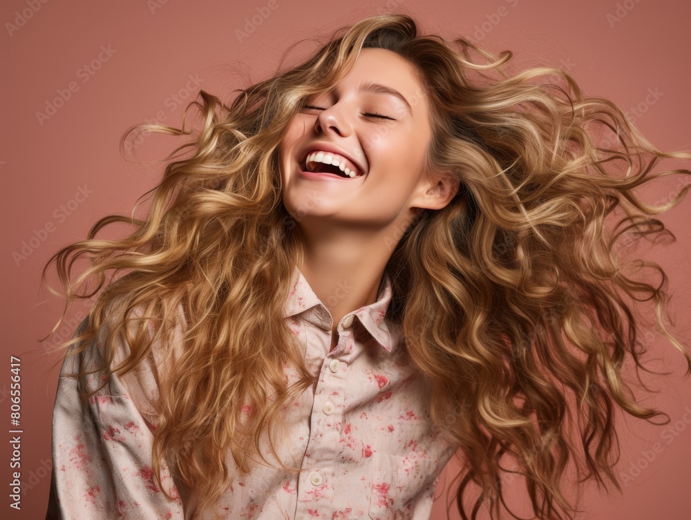 A woman with long hair is smiling and laughing A woman with long hair is smiling and laughing