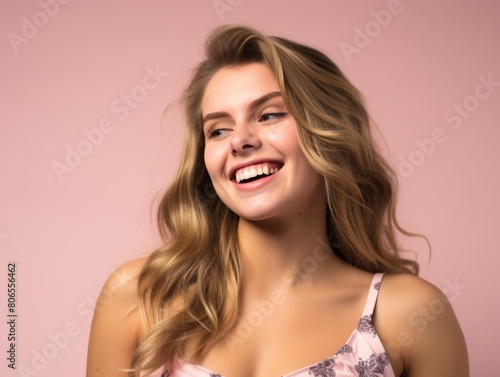 A woman with long hair is smiling and laughing while wearing color clothing