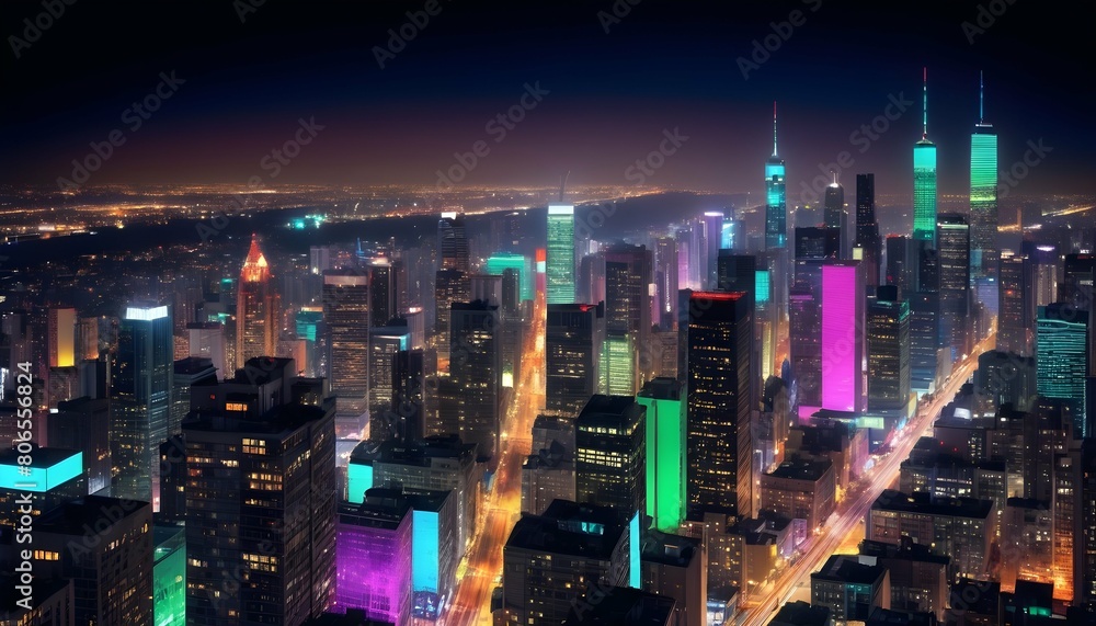 Illuminated Nighttime Cityscape With Colorful Cit