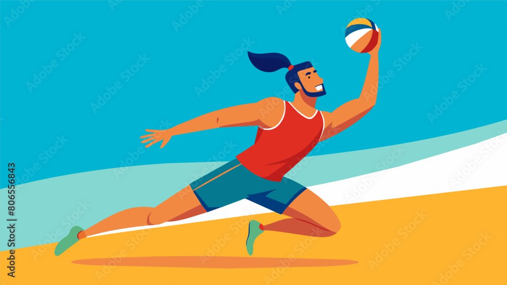 A determined beach volleyball player stretching out to catch a ball middive with a look of fierce concentration on their face.. Vector illustration